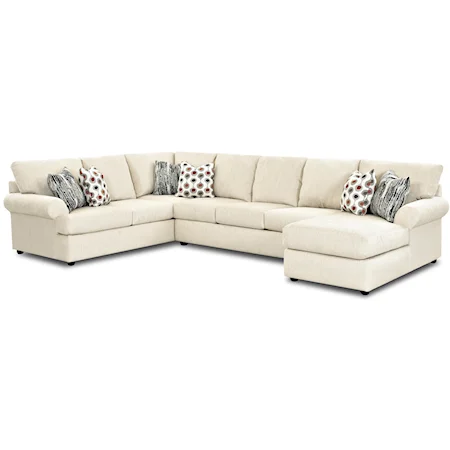 Casual Three Piece Sectional Sofa with Rolled Arms and LAF Chaise